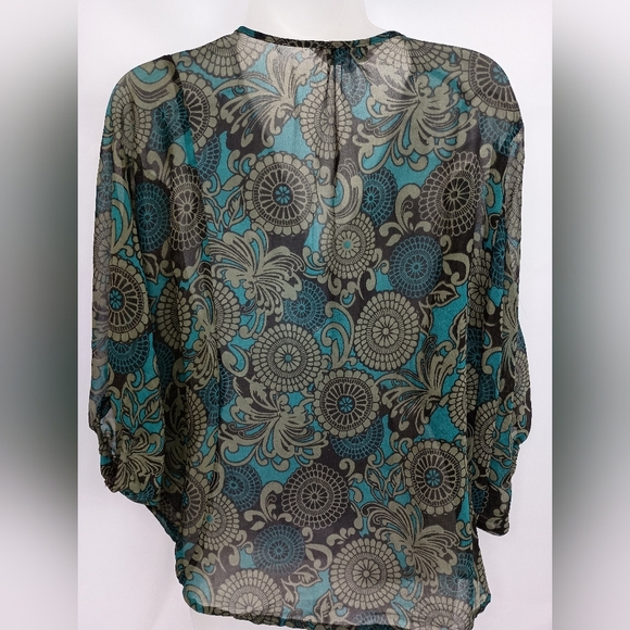 2/$30 Tramp Blue and Brown Asymmetrical Blouse with Notched Collar (#1,072) - Picture 6 of 8